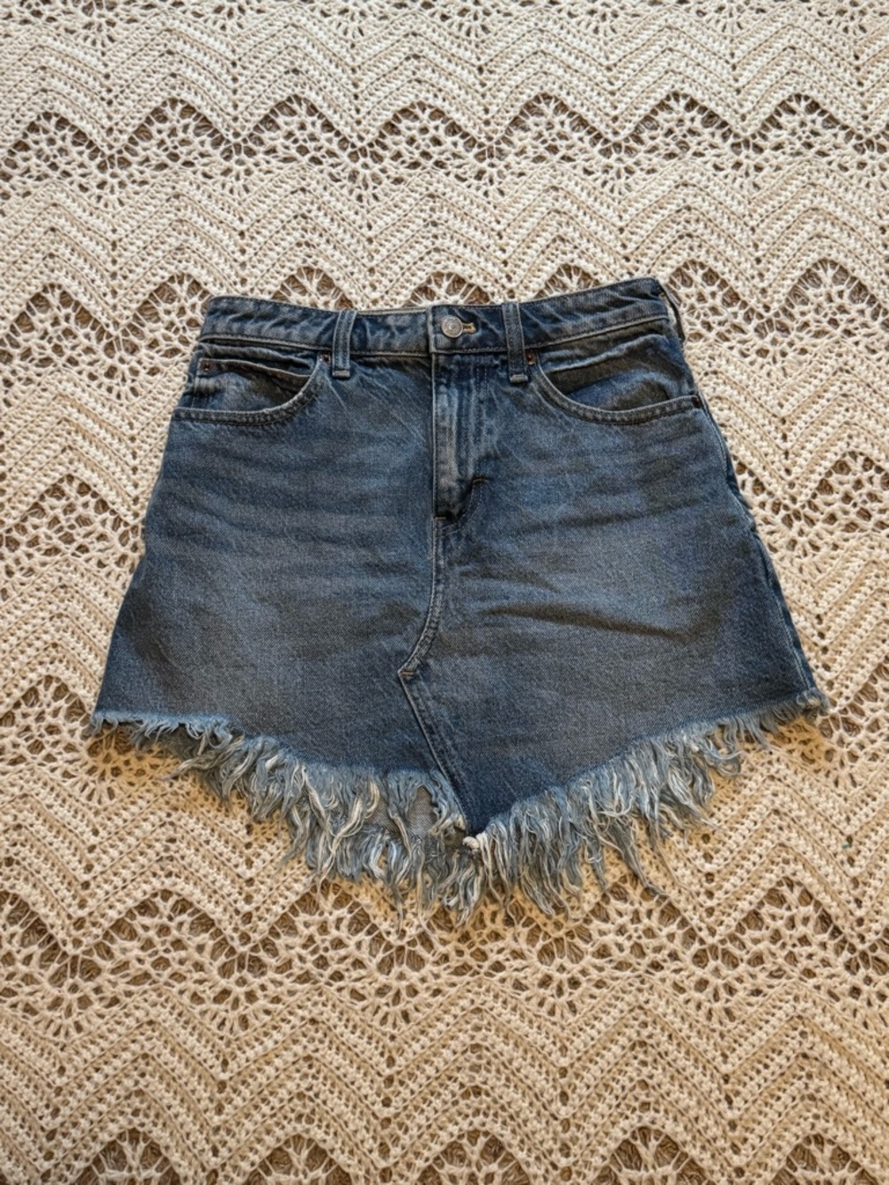 We The Free Mid-Waist Denim Skirt in Dark Blue Wash Fringe Western Concert